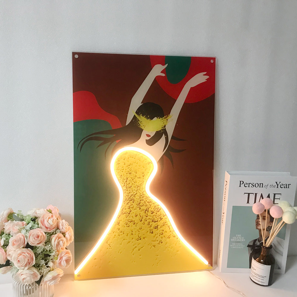 Dancing Girl Acrylic Frame Neon Light Wall Home Decor Sign LED Art Painting